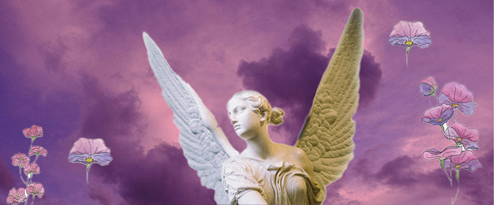 angel statue and purple flowers with a purple sky